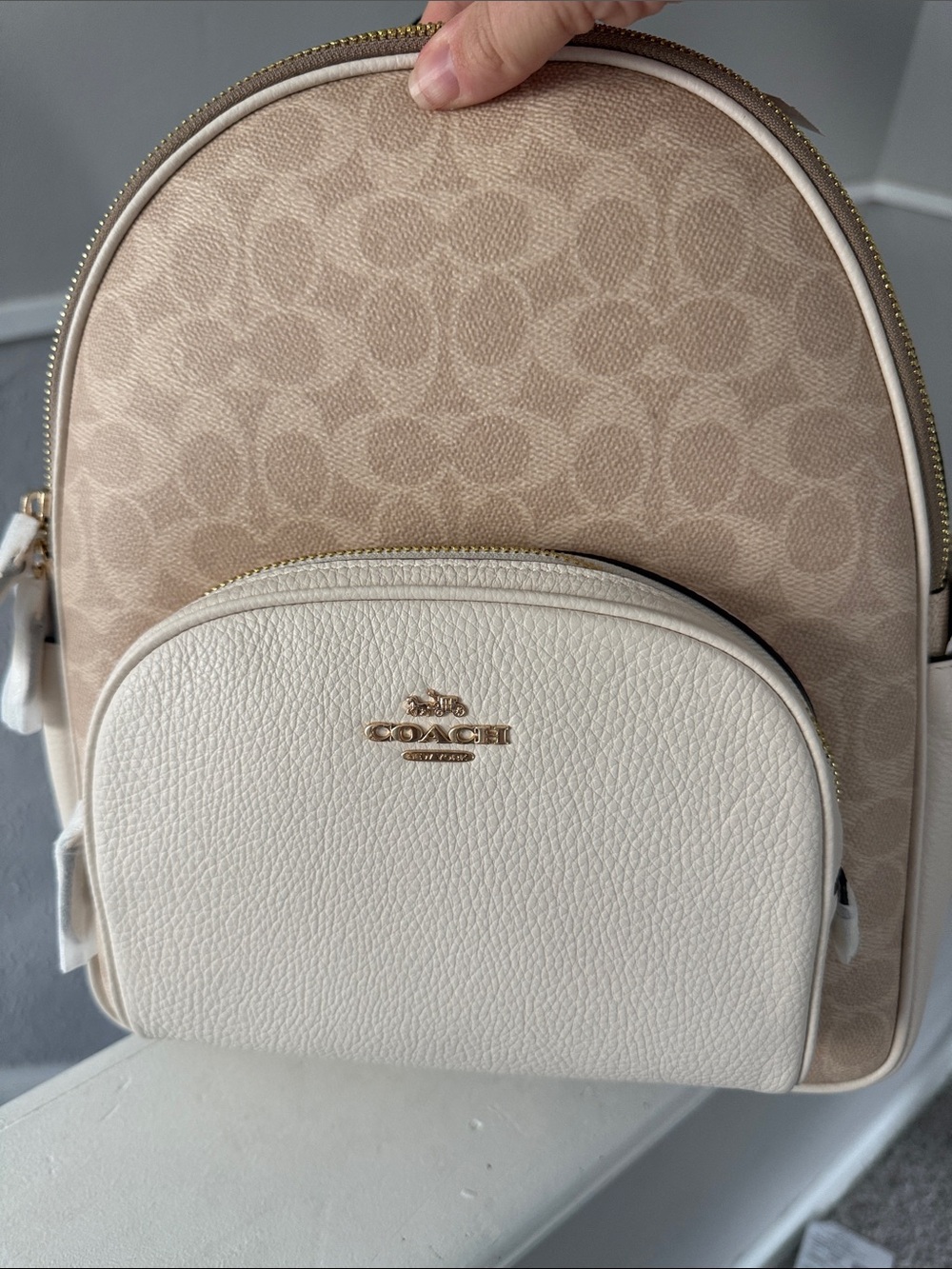 Coach Beige Signature Canvas and Cream Leather Mini Backpack with Gold Hardware